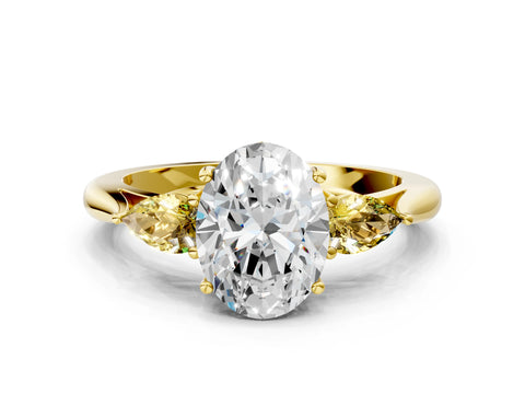 Yellow gold Oval Cut Diamond Three-Stone Ring with Pear with Yellow Sapphire side stone Side Stones and Prong Setting