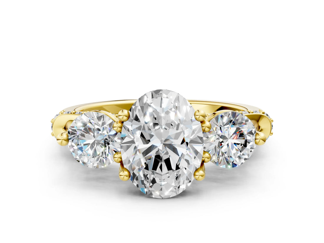 Yellow gold Oval Cut Diamond Three-Stone Ring with Prong Setting and Pavé Band_3