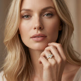 Yellow gold Oval Cut Diamond Three-Stone Ring with Round Side Stones and Pavé Band_129