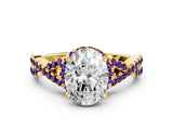 Yellow gold Oval Cut Diamond with Amethyst side stone Halo Twist Band Solitaire Prong Setting Ring_24