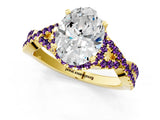 Yellow gold Oval Cut Diamond with Amethyst side stone Halo Twist Band Solitaire Prong Setting Ring_25