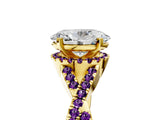 Yellow gold Oval Cut Diamond with Amethyst side stone Halo Twist Band Solitaire Prong Setting Ring_29