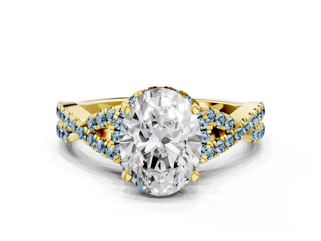 Yellow gold Oval Cut Diamond with Aquamarine side stone Halo Twist Band Solitaire Prong Setting Ring_12