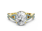 Yellow gold Oval Cut Diamond with Aquamarine side stone Halo Twist Band Solitaire Prong Setting Ring_12