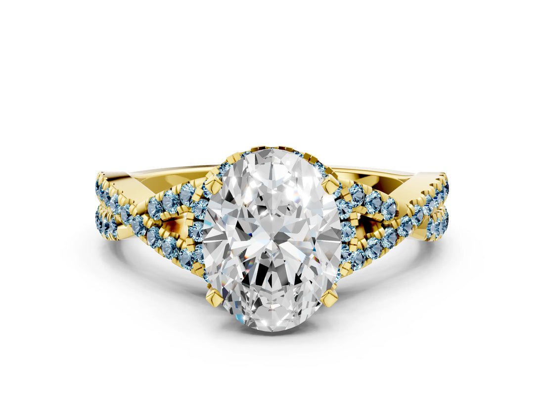 Yellow gold Oval Cut Diamond with Aquamarine side stone Halo Twist Band Solitaire Prong Setting Ring_36