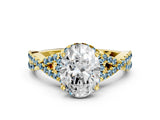 Yellow gold Oval Cut Diamond with Aquamarine side stone Halo Twist Band Solitaire Prong Setting Ring_36