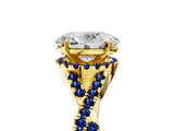 Yellow gold Oval Cut Diamond with Blue Sapphire side stone Halo Twist Band Solitaire Prong Setting Ring_17