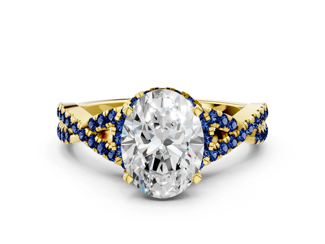Yellow gold Oval Cut Diamond with Blue Sapphire side stone Halo Twist Band Solitaire Prong Setting Ring_36