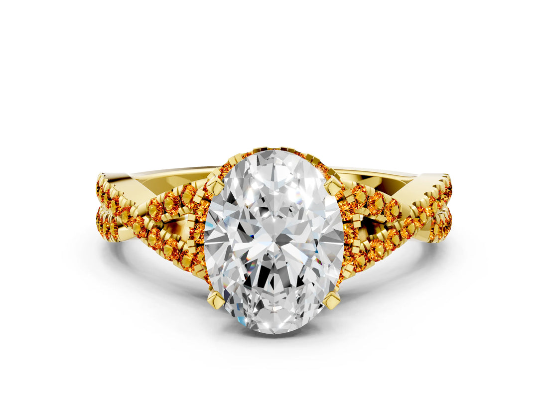 Yellow gold Oval Cut Diamond with Citrine side stone Halo Twist Band Solitaire Prong Setting Ring_24