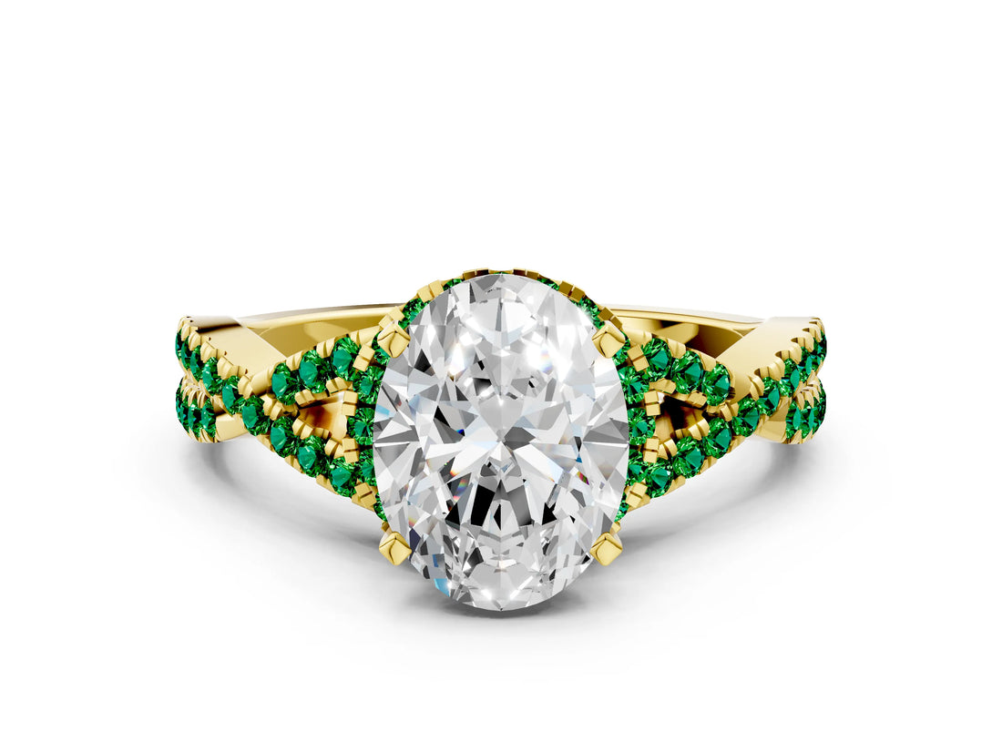 Yellow gold Oval Cut Diamond with Emerald side stone Halo Twist Band Solitaire Prong Setting Ring_36