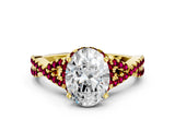 Yellow gold Oval Cut Diamond with Garnet side stone Halo Twist Band Solitaire Prong Setting Ring_12