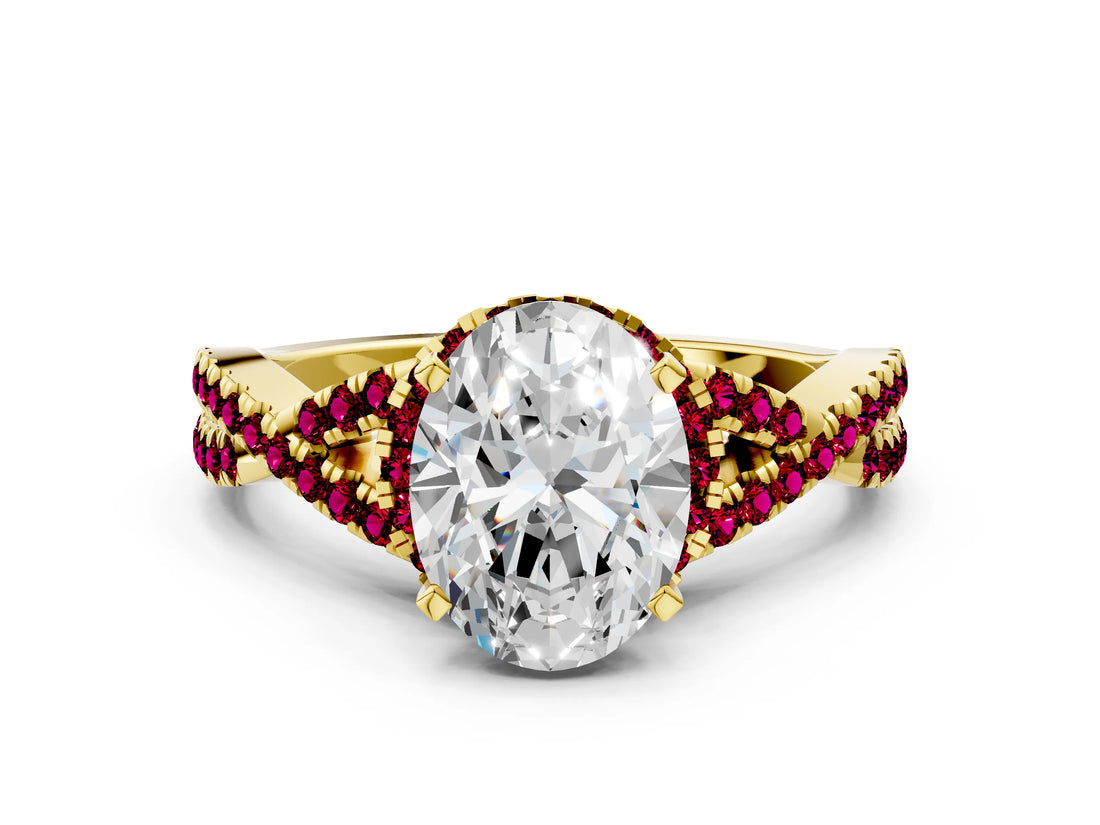 Yellow gold Oval Cut Diamond with Garnet side stone Halo Twist Band Solitaire Prong Setting Ring_36