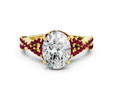 Yellow gold Oval Cut Diamond with Garnet side stone Halo Twist Band Solitaire Prong Setting Ring_36
