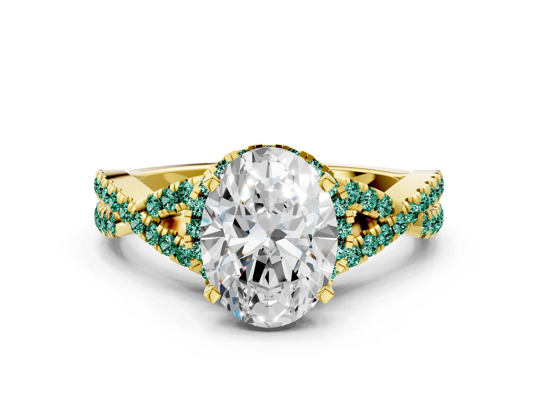 Yellow gold Oval Cut Diamond with Green Sapphire side stone Halo Twist Band Solitaire Prong Setting Ring_12