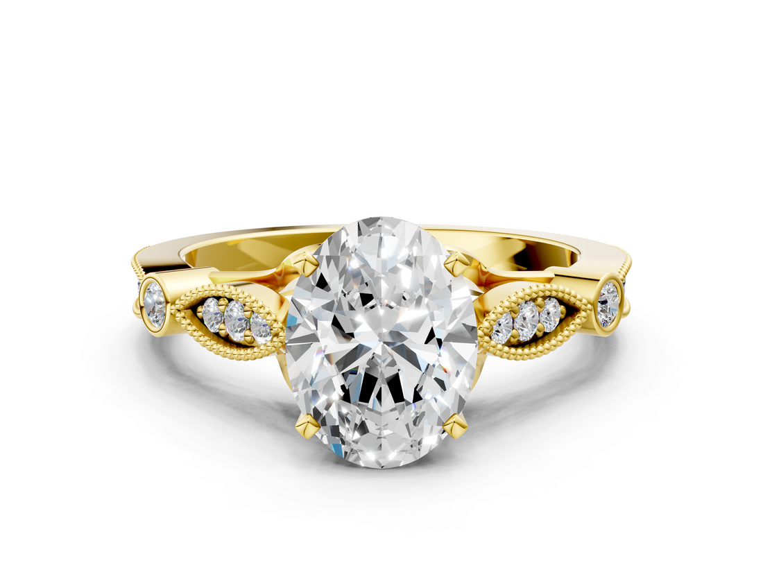 Yellow gold Oval Cut Diamond with Milgrain Marquise and Bezel Accents on a Solitaire Band with Prong Setting_218