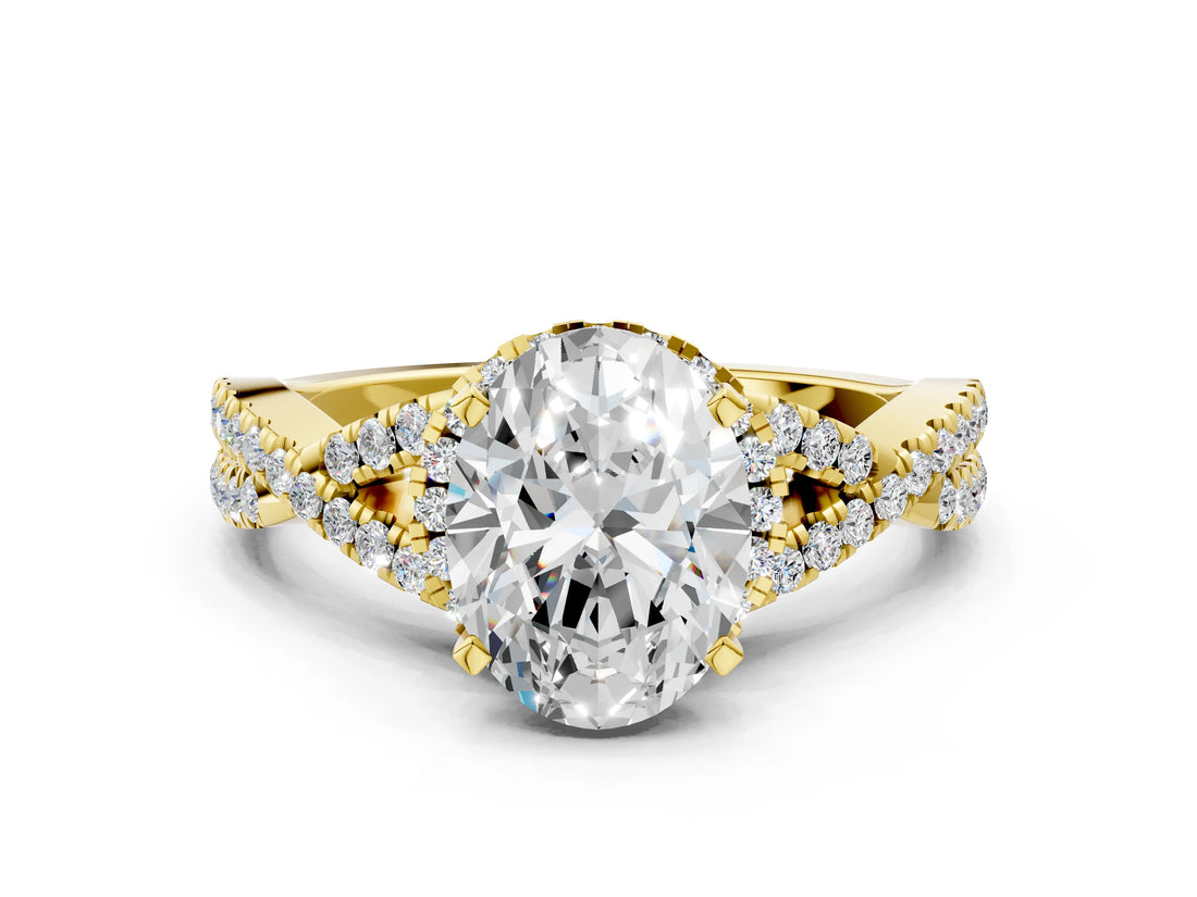 Yellow gold Oval Cut Diamond with Moissanite side stone Halo Twist Band Solitaire Prong Setting Ring_12