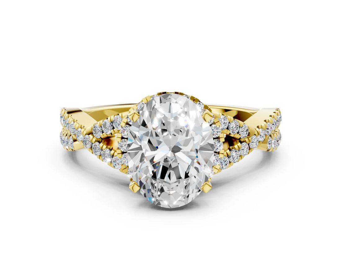 Yellow gold Oval Cut Diamond with Moissanite side stone Halo Twist Band Solitaire Prong Setting Ring_36