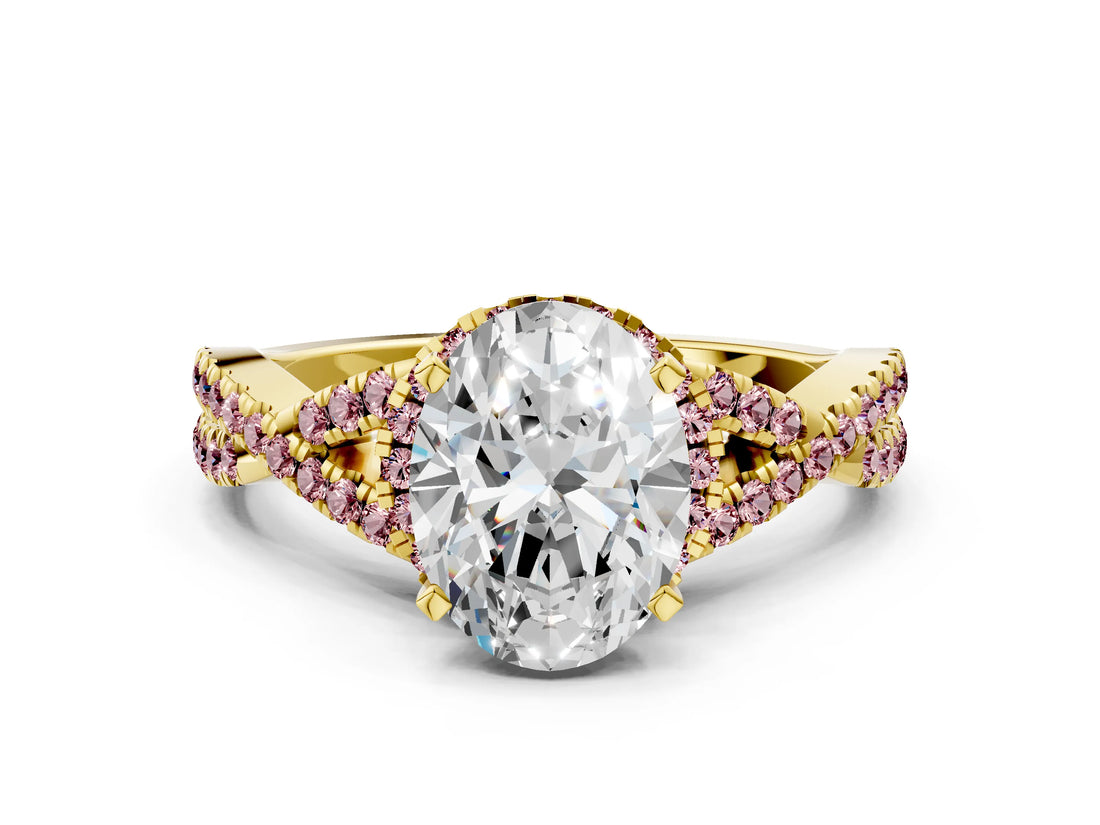 Yellow gold Oval Cut Diamond with Morganite side stone Halo Twist Band Solitaire Prong Setting Ring_12