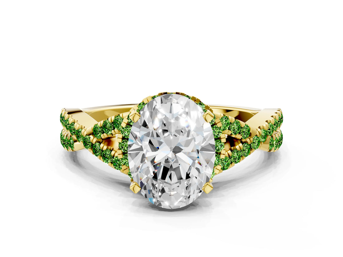 Yellow gold Oval Cut Diamond with Peridot side stone Halo Twist Band Solitaire Prong Setting Ring_12