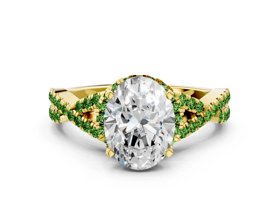 Yellow gold Oval Cut Diamond with Peridot side stone Halo Twist Band Solitaire Prong Setting Ring_36