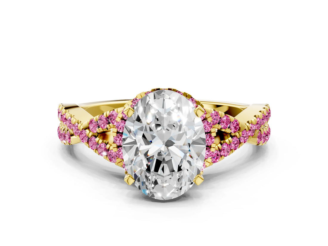 Yellow gold Oval Cut Diamond with Pink Sapphire side stone Halo Twist Band Solitaire Prong Setting Ring_12