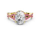 Yellow gold Oval Cut Diamond with Pink Sapphire side stone Halo Twist Band Solitaire Prong Setting Ring_24
