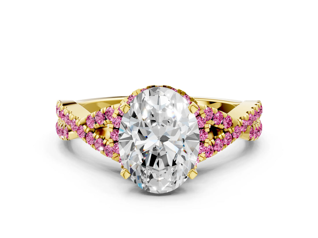 Yellow gold Oval Cut Diamond with Pink Sapphire side stone Halo Twist Band Solitaire Prong Setting Ring_36
