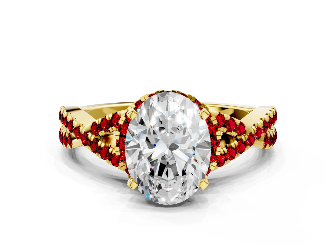 Yellow gold Oval Cut Diamond with Ruby side stone Halo Twist Band Solitaire Prong Setting Ring_12