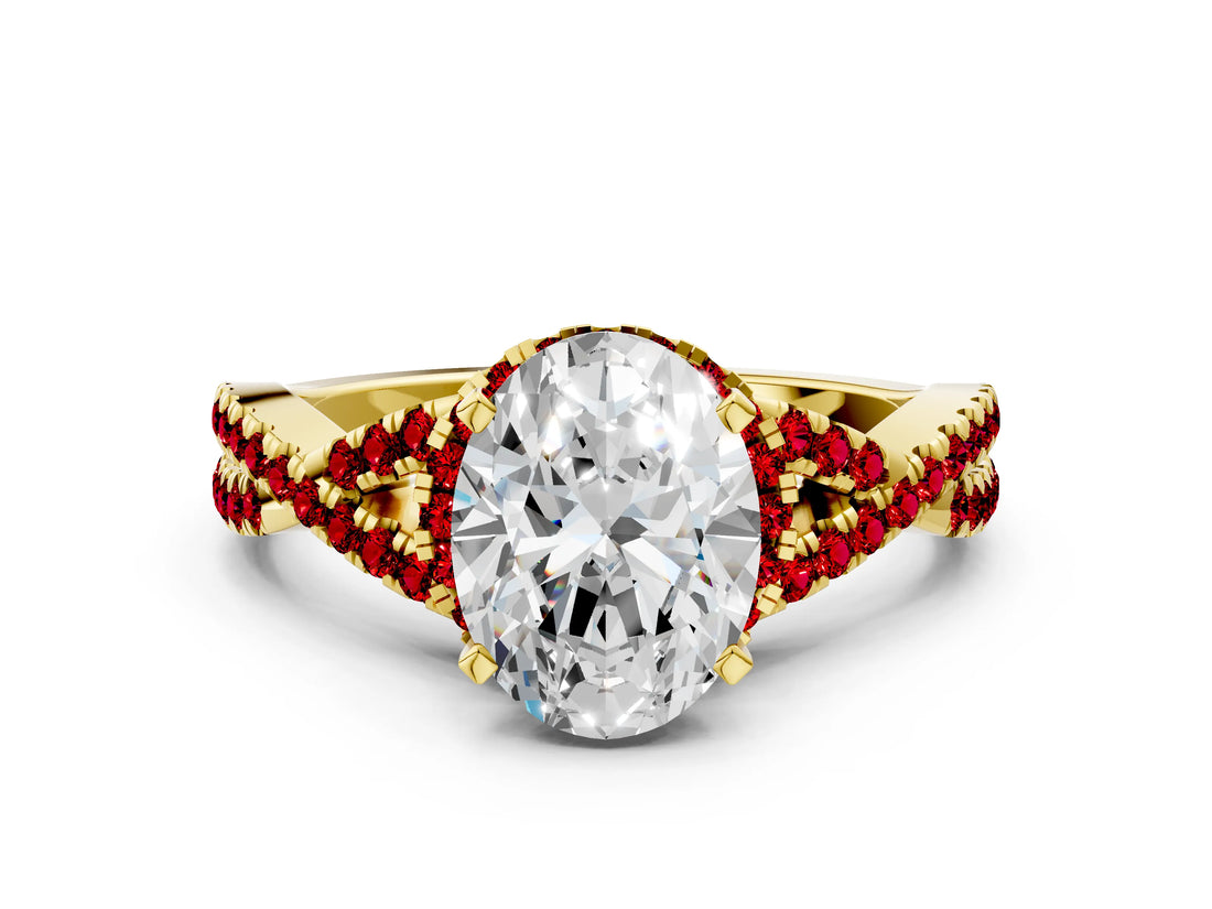 Yellow gold Oval Cut Diamond with Ruby side stone Halo Twist Band Solitaire Prong Setting Ring_36