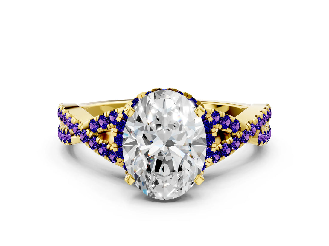 Yellow gold Oval Cut Diamond with Tanzanite side stone Halo Twist Band Solitaire Prong Setting Ring_12
