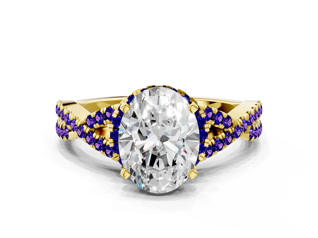 Yellow gold Oval Cut Diamond with Tanzanite side stone Halo Twist Band Solitaire Prong Setting Ring_36