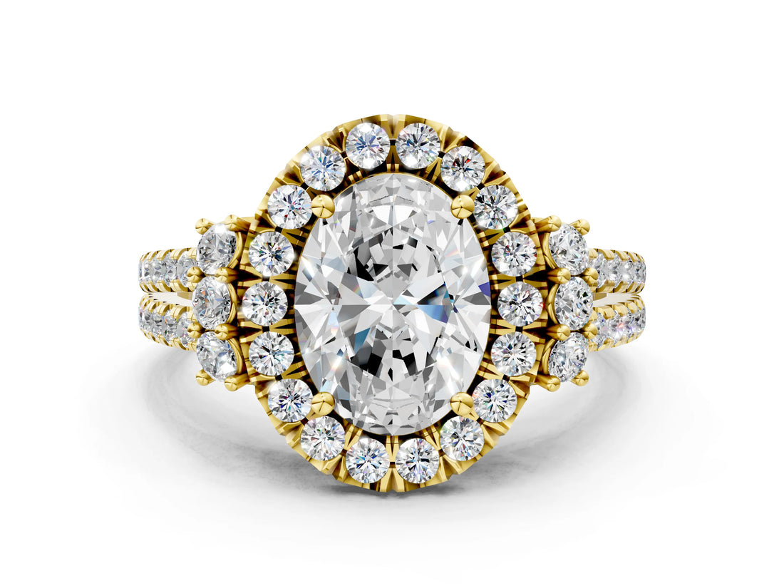 Yellow gold Oval Cut Double Halo Diamond Engagement Ring with Pave Band and Four-Prong Setting_42