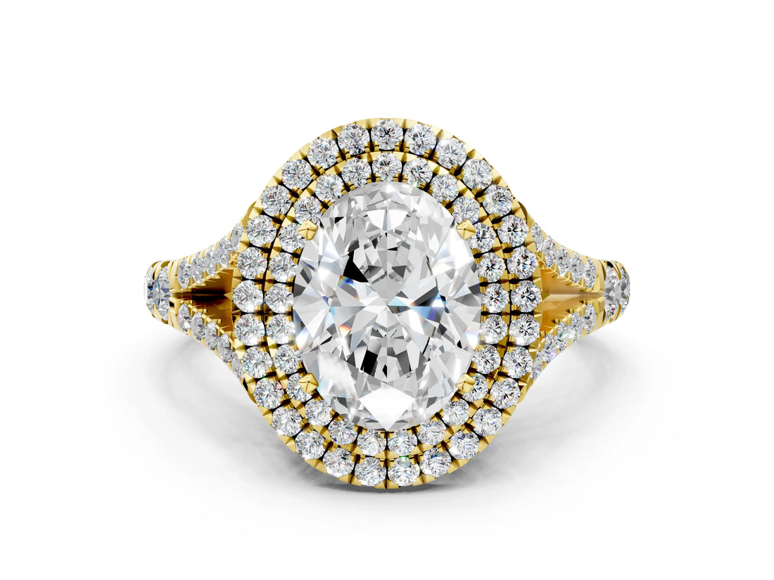 Yellow gold Oval Cut Double Halo Split Shank Diamond Ring with Prong Setting_49