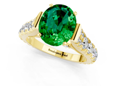 Yellow gold Oval Cut Emerald Classic Solitaire Ring with Pavé Band and Four-Prong Setting_1