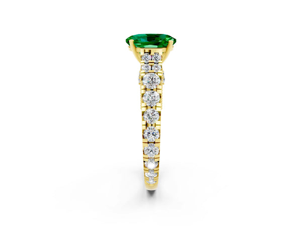 Yellow gold Oval Cut Emerald Classic Solitaire Ring with Pavé Band and Four-Prong Setting