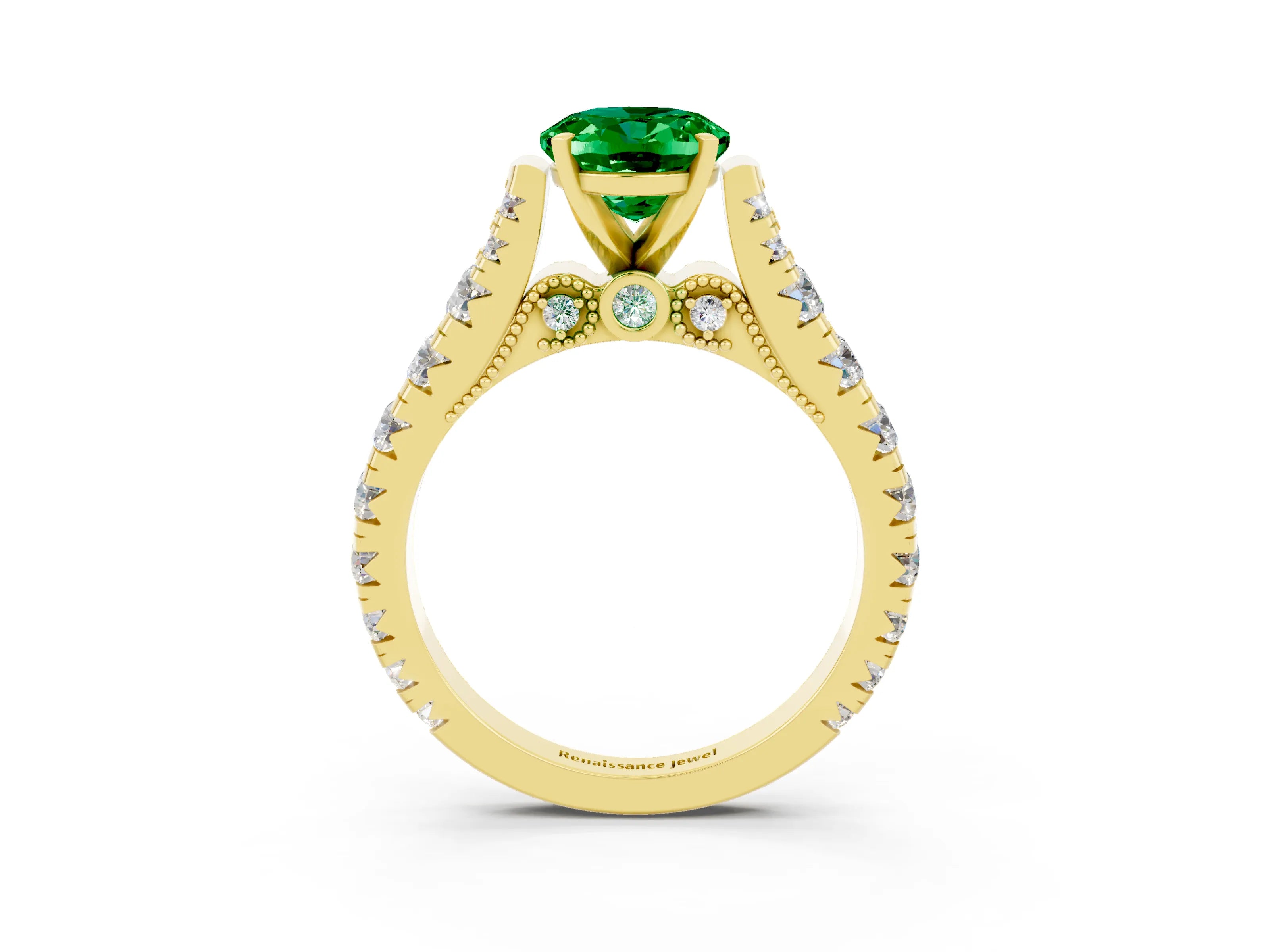Yellow gold Oval Cut Emerald Classic Solitaire Ring with Pavé Band and Four-Prong Setting_3