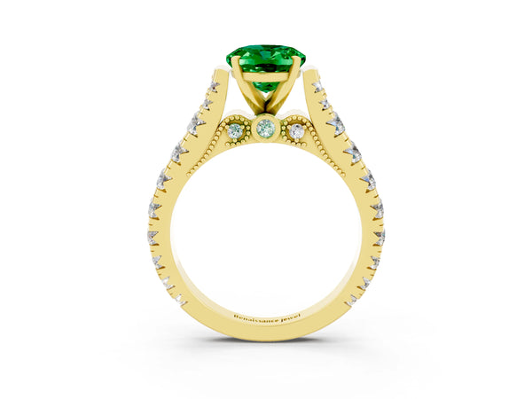 Yellow gold Oval Cut Emerald Classic Solitaire Ring with Pavé Band and Four-Prong Setting
