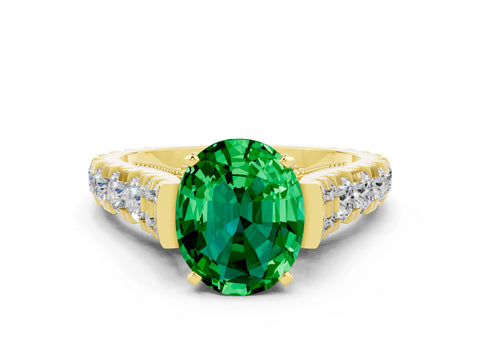 Yellow gold Oval Cut Emerald Classic Solitaire Ring with Pavé Band and Four-Prong Setting
