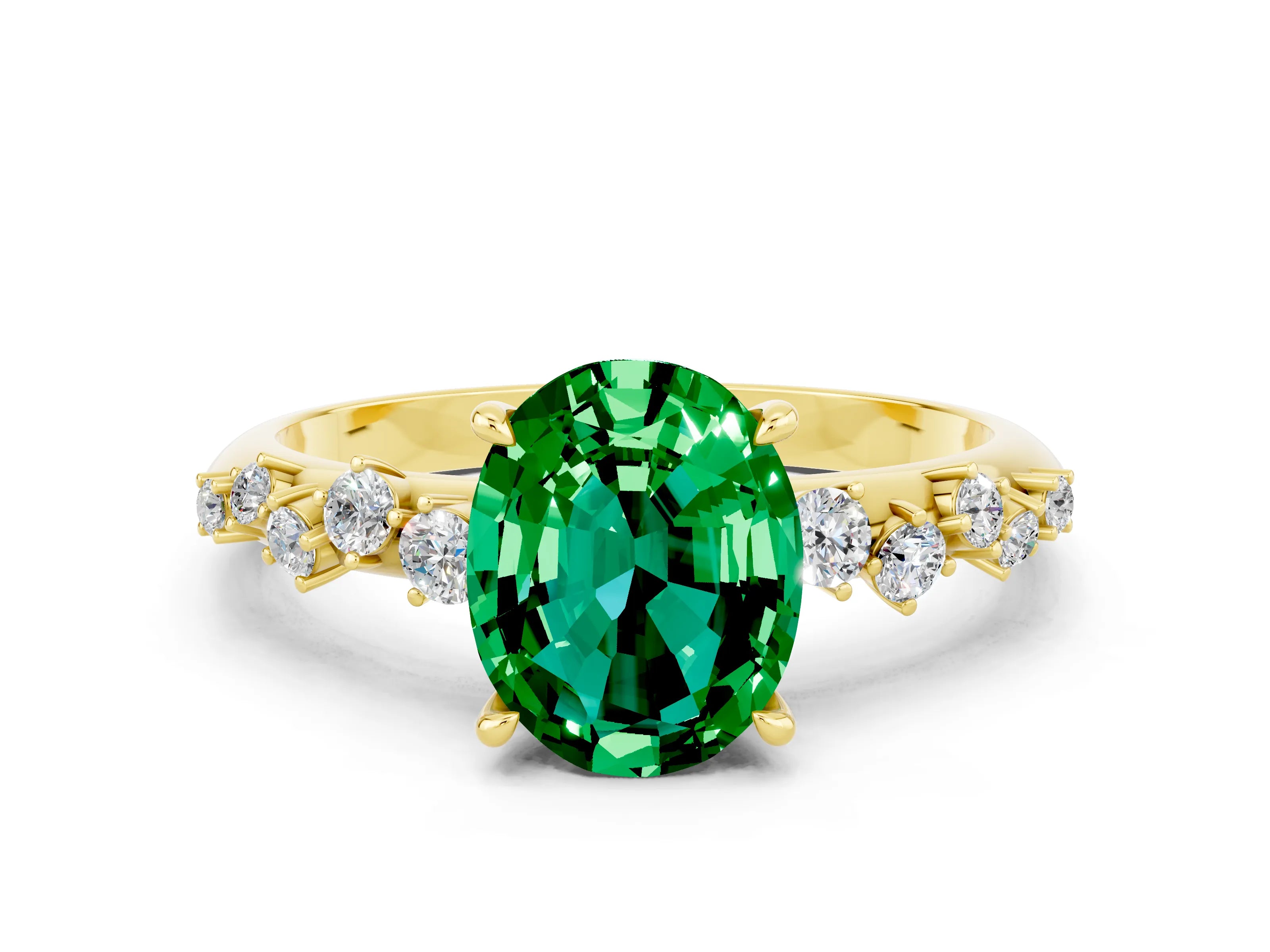 Yellow gold Oval Cut Emerald Cluster Side Stone Solitaire Ring with Prong Setting_24
