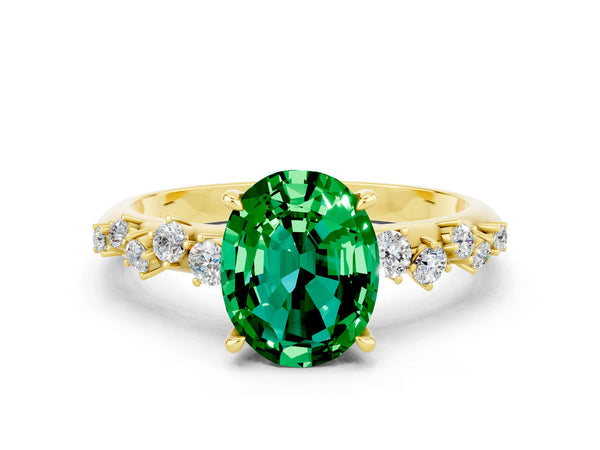 Yellow gold Oval Cut Emerald Cluster Side Stone Solitaire Ring with Prong Setting
