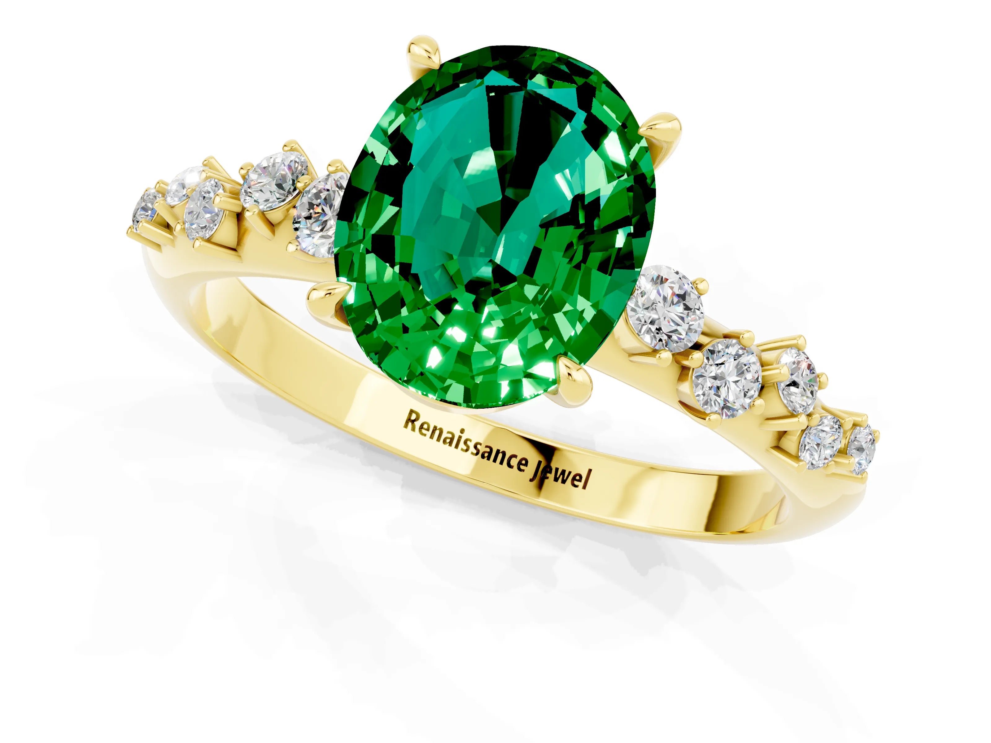 Yellow gold Oval Cut Emerald Cluster Side Stone Solitaire Ring with Prong Setting_25