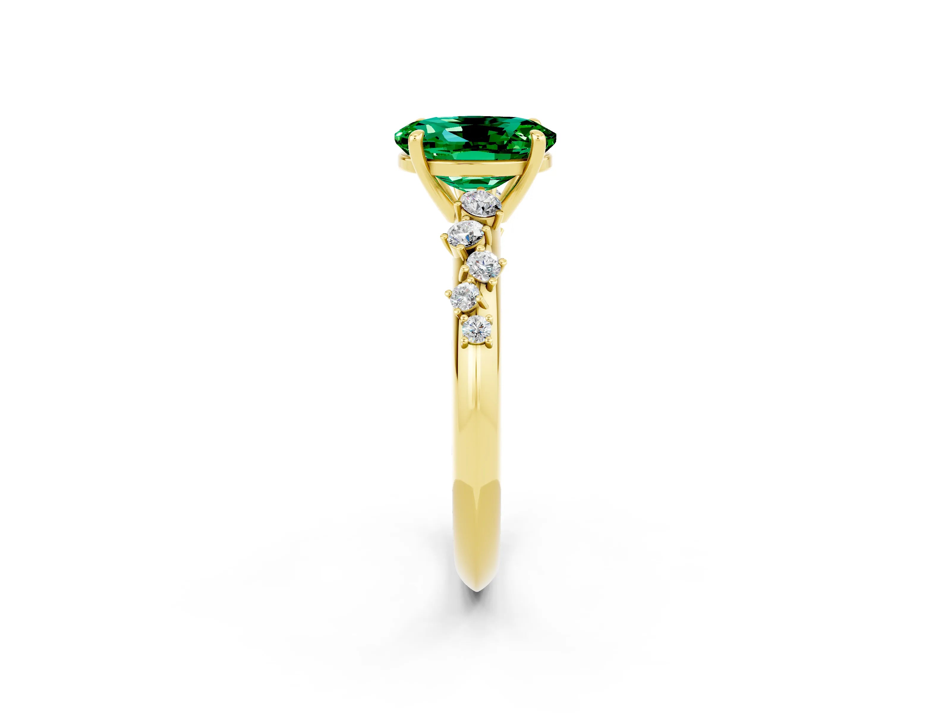 Yellow gold Oval Cut Emerald Cluster Side Stone Solitaire Ring with Prong Setting_26