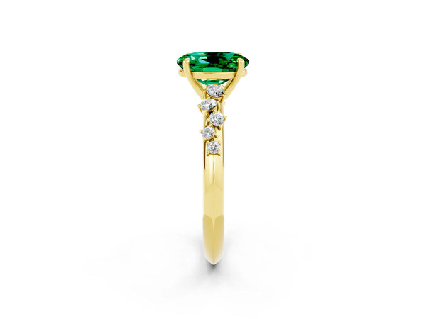 Yellow gold Oval Cut Emerald Cluster Side Stone Solitaire Ring with Prong Setting