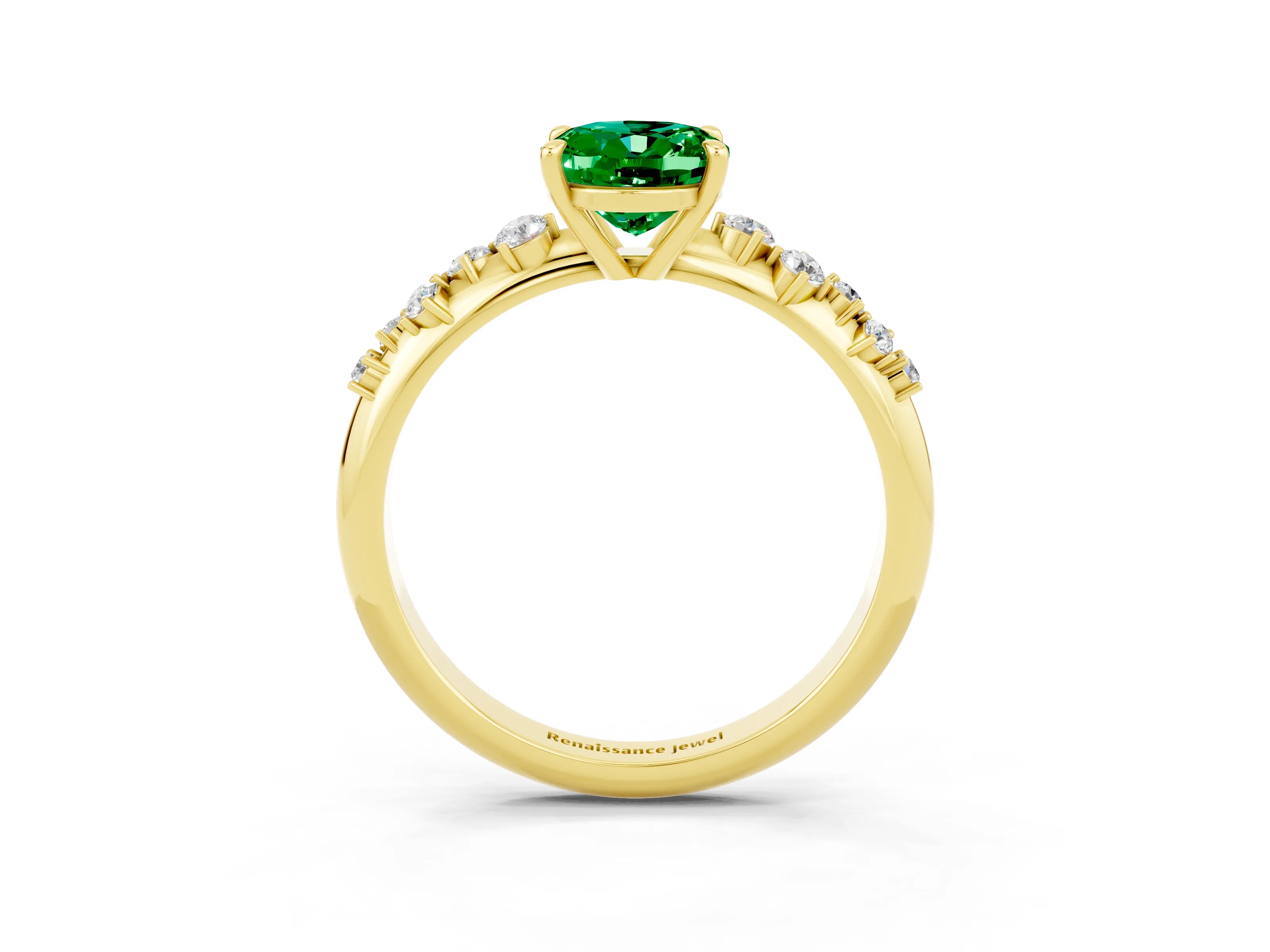 Yellow gold Oval Cut Emerald Cluster Side Stone Solitaire Ring with Prong Setting_27