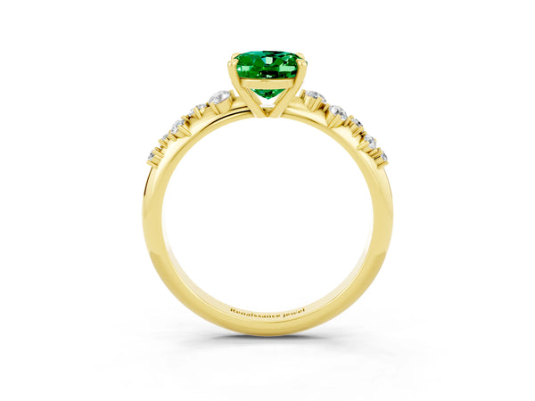 Yellow gold Oval Cut Emerald Cluster Side Stone Solitaire Ring with Prong Setting