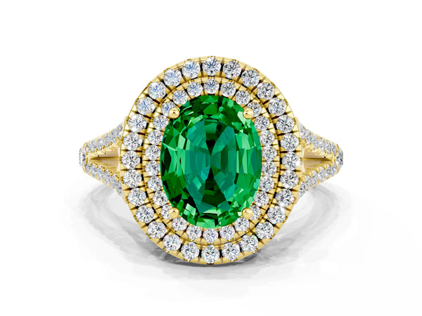 Yellow gold Oval Cut Emerald Double Halo Ring with Pavé Band and Prong Setting