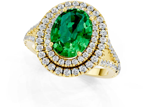 Yellow gold Oval Cut Emerald Double Halo Ring with Pavé Band and Prong Setting_13