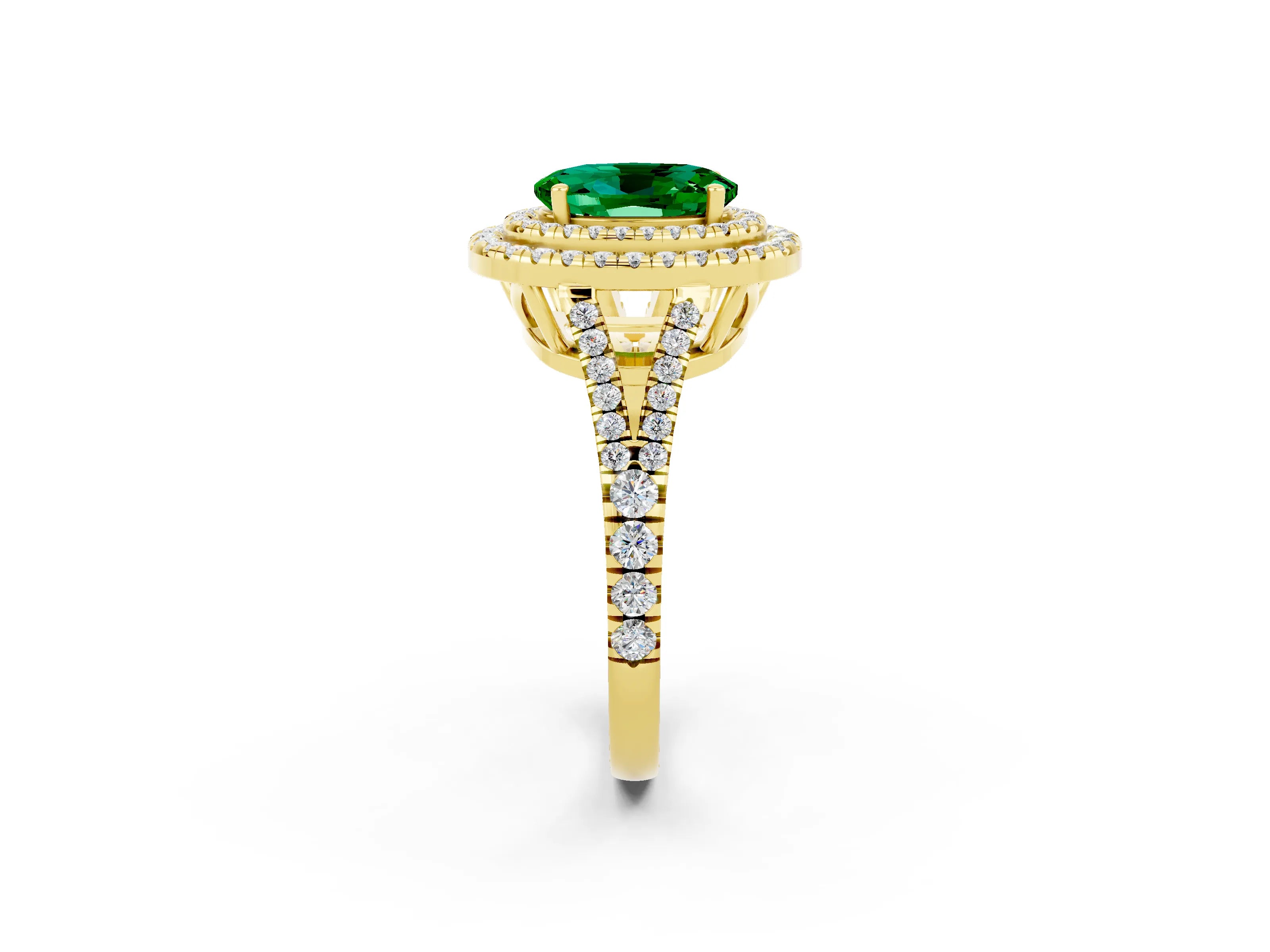 Yellow gold Oval Cut Emerald Double Halo Ring with Pavé Band and Prong Setting_14