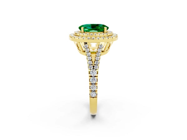 Yellow gold Oval Cut Emerald Double Halo Ring with Pavé Band and Prong Setting