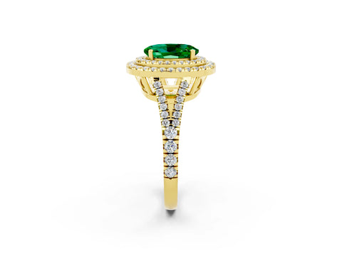 Yellow gold Oval Cut Emerald Double Halo Ring with Pavé Band and Prong Setting_14